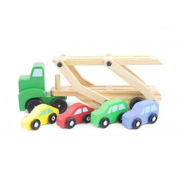 Drewniana ciężarówka laweta z samochodami
